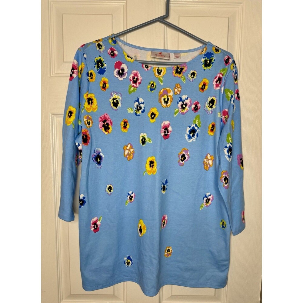 NEW Quacker Factory Classy Blue Flower Rhinestone Women’s top Shirt size LARGE